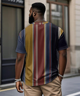 Men's Plus Size Retro Geometric Stripe Print Henley Collar Button Short Sleeve Tee